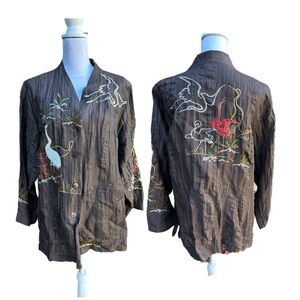 Citron Linen Blend Embroidered Brown Jacket with Bird Design